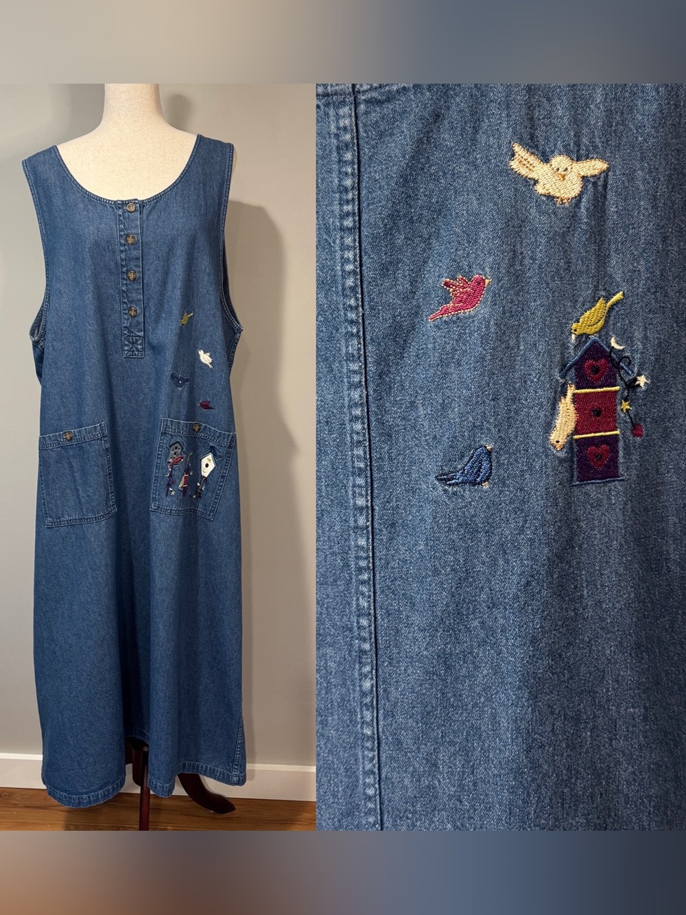 CJ Banks Denim Sleeveless Jumper Dress Embroidered Birdhouses Pockets Size 20W